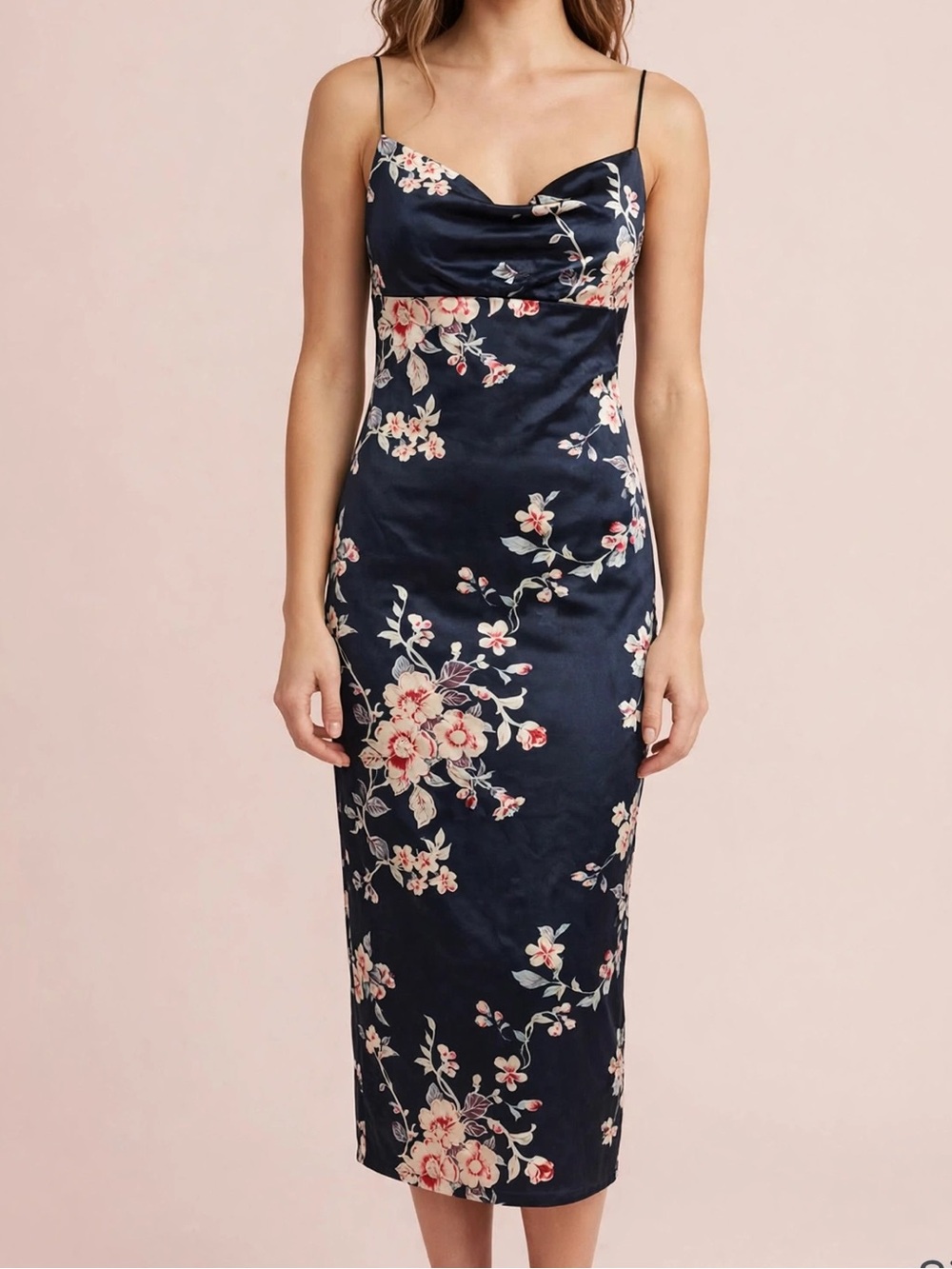 Charlotte Russe Navy Satin Floral Midi Slip Dress Pink MEDIUM pit 14” length 36”